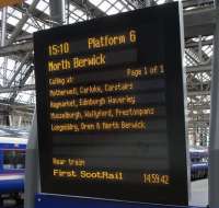 It would be an odd crow which flew from Glasgow to North Berwick via <br>
Carstairs, but it's necessary to get Class 322 electrics from Shields Depot to the North Berwick branch. These twice-a-day workings (and two returns) keep the five units serviced in turn and provide Carstairs with some of its few services. Whether they'll survive when the more direct Airdrie-Bathgate route opens in December I don't know. This train, on 16 October was affected by engineering works and left 9 minutes earlier than scheduled and travelled to Motherwell via Queen's Park instead of the WCML. This means that it used the connection at Newton East Junction which has no scheduled passenger service. This made at least one passenger's day.<br><br>[David Panton 16/10/2010]