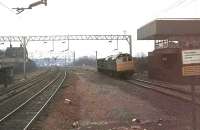 25158 runs south through Norton Bridge with a short freight from the Stoke line in 1980. This view was taken from the north end of the platform at a station that was only officially closed in 2017 but hadn't seen a train call for many years before that. The Class 25 had a further three years service left before being withdrawn from Crewe Diesel Depot in 1983. It was cut up at Vic Berry's in Leicester in 1987. <br><br>[Mark Bartlett 06/03/1980]