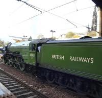 A1 Pacific no 60163 <I>Tornado</I> photographed shortly after arrival at Edinburgh Waverley station on 22 October 2010 with <I>The Royal Borderer</I> special from Doncaster. The Scott Monument stands alongside Princes Street in the right background.<br><br>[Ken Browne 22/10/2010]