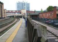 Looking back towards the main station at Harrogate on 27 September from the end of the long northbound platform. A DMU has just pulled up with a Leeds - Knaresborough service. The old bay platform on the right once served trains on the 14 mile branch to Pateley Bridge (closed 1951) although it was later converted for use as a stabling and fuelling road.<br><br>[John Furnevel 27/09/2010]