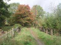 A 3/4 mile stretch of the old Coniston branch is now a permissive footpath running south along the hillside from the site of the old terminus (now a business park). This view looks over an old underbridge and north along the trackbed towards Coniston, which closed to passengers in 1958.<br><br>[Mark Bartlett 17/10/2010]