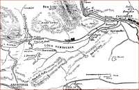 Part of a map from Shearers Guide of 1907 giving information about Callander and The Trossachs. The graphics are unusual but superb. Note the steam-hauled train on the right approaching Callander and the coach and horses in the centre heading west along Loch Vennachar.<br><br>[Alistair MacKenzie 27/10/2010]