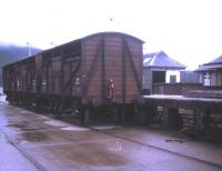 Once a common sight throughout the British railway network, a trio of empty cattle trucks photographed at Kyle of Lochalsh in September 1971. <br><br>[Jim Peebles /09/1971]