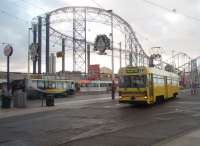 In the shadow of the <I>Big One</I> single-deck car 644 has just turned on the circle at Pleasure Beach, the temporary southern limit of operations while the Starr Gate line is refurbished and the new depot completed. The work carried out here in 2009 can be seen on the tracks in the foreground. 644 carried advertising livery for Farmer Parr's Animal World, and after withdrawal in November 2011 it was retired there as a cafe and gift shop. [See image 40256]<br><br>[Mark Bartlett 27/10/2010]
