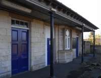 Anyone unfamiliar with Markinch station would assume this is a look along the platform, but in fact the Down platform is one storey below: it's almost as if the 1847 builder misread the architect's drawing.  As the debris might indicate this building is no longer in use.  The ticket office moved to a swish new building when the station became a transport interchange 3 years ago.  Note the lettering on the lampshades.  This is in the Gill Sans typeface used by British railways until 1964 and in the Scottish Region colour of light blue.  A rare survivor, protected no doubt by its position of invisibility from the platform.  <br><br>[David Panton 27/10/2010]