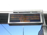 The electronic departure board at Bathgate on 12 December 2010, first day of through services on the reinstated route via Airdrie.<br><br>[First ScotRail 12/12/2010]