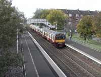 320 321 leaves Shettleston heading for Airdrie on 16 October. /Baile Nighean Sheadna/ it says on the bilingual signs of a location one doesn't readily associate with the Gaels.  In connection with these signs one blogger has made satirical references to the Shettleston clearances.  Wicked.  As a matter of total irrelevance Shettleston has the lowest life expectancy in the UK.  <br><br>[David Panton 16/10/2010]