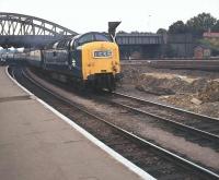 Deltic D9020 <I>Nimbus</I>, one of the 34G Finsbury Park racehorses, runs cautiously through Peterborough in 1972, when the main line through the station was still subject to a severe speed restriction, subsequently removed by remodelling. <br><br>[Mark Bartlett /07/1972]