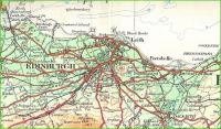 Maps at a scale of four miles to the inch are normally of limited use to PLU (People Like Us) but this Ordnance Survey edition of 1921 does have the advantage of showing railway stations prominently. Here, blown up somewhat, it shows how dense was the network of the Edinburgh Area compared with today. I count 58 stations in this extract; there are now only 13. The 58 however includes Powderhall, which I believe closed for good in 1917, and South Leith which closed in 1905.(Crown Copyright 1921)<br>
<br><br>[David Panton //1921]