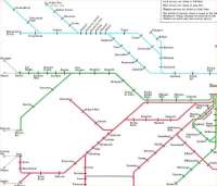 A step back 32 years with an extract from the BR Network Map for 1978 showing lines to the west of Glasgow. The obvious bygone is the Kilmacolm branch, closed in January 1983. The 1980s are not a period noted for closures (quite the reverse) so it's surprising that the Balloch Pier extension [see image 16428] was also to go, in 1986. The Paisley Canal loop closed with the Kilmacolm branch but substantially came back a few years later. Note no Argyle line yet, no proper service on the Burns Line (as it was to become) and several of today's stations yet to open.<br>
<br><br>[David Panton //1978]