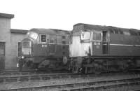 A study in contrasting noses at Eastfield MPD in February 1970. Class 29 no 6114 and class 27 no D5379, both in variations of BR green, photographed in the shed yard.<br><br>[Bill Jamieson 14/02/1970]