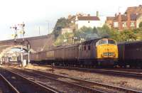 Class 43'Warship' diesel hydraulic no 858 <i>Valorous</i> leaving Bristol westbound with a parcels train in July 1971, seen here at Parson Street. The fine display of lower quadrant semaphore signals obviously had only a short time left.<br><br>[Bill Jamieson 24/07/1971]