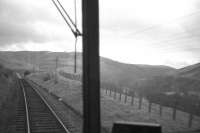 View from the rear of the 11.15 Galashiels-Peebles-Edinburgh train between Clovenfords and Thornielee (on the last day of service, 3rd February 1962) showing how high the line climbed above the Tweed Valley. The view is near the site of the former Angling Club Cottage (1898), a basic halt built to serve members of the Edinburgh Angling Club who fished from a boating pool on the Tweed below. It was abandoned shortly after the end of World War II. Note also, in the middle distance, the tell-tale stretch of modern concrete sleepers - a sure sign that the line was about to close!<br><br>[Frank Spaven Collection (Courtesy David Spaven) 03/02/1962]