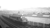 Peak D89 <i>Honourable Artillery Company</i> takes the 09.30 Edinburgh - Carlisle/St Pancras past Loch Park depot on its way south out of Hawick on a murky Monday 30 December 1968.<br><br>[K A Gray 30/12/1968]