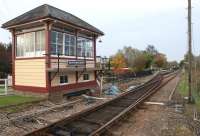 Wittersham Road station on the Kent and East Sussex Railway as seen <br>
from the level crossing on the minor road between Wittersham and Rolvenden Layne on 29 October 2010. This country station, like many others along the line, was quite a way from the village it claimed to serve. In this respect it reminded me of the Forth and Clyde Junction Railway, where many stations were a considerable distance from the communities from which they took their names....  and then there's Gatehouse of Fleet of course.... [See image 29087]<br><br>[John McIntyre 29/10/2010]