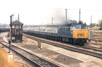 A Western class diesel hydraulic, thought to be no 1062 <I>Western Courier</I>, passes Stoke Gifford Yard with an up express from South Wales to Paddington in the summer of 1971.<br><br>[Bill Jamieson 24/07/1971]