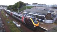 A CrossCountry Voyager calls at Cupar on 21 November 2010. The new zig zag ramp to facilitate disabled access to the southbound platform has now been constructed behind the station building [see image 16815]<br>
<br><br>[Brian Forbes 21/11/2010]