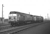 Class 50 locomotives nos D425 and D405 stand together in Polmadie shed yard on 14 February 1970. This was prior to regular double heading of Anglo-Scottish expresses north of Crewe, which commenced 3 months later. In this case locomotive D425 had recently arrived at Gushetfaulds FLT with 4S56, the 05.25MX service from London, York Way.<br><br>[Bill Jamieson 14/02/1970]