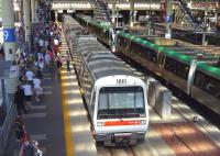 Rear view of a Transperth EMU which has recently arrived at Perth Central from Fremantle on 26 September. A reverse working stands at the adjacent platform.<br><br>[Colin Miller 26/09/2010]