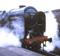 Close-up of Britannia Pacific no 70013 <I>Oliver Cromwell</I> with the BR (Scottish Region) Easter Grand Tour at Hellifield on 13 April 1968.<br><br>[Jim Peebles 13/04/1968]