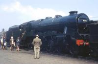 46115 <I>Scots Guardsman</I>, spruced up but in basically 'as withdrawn' condition with 25kv yellow cabside flash, stands in Haworth yard in 1969. <I>Scotty</I> was too big for the early KWVR and went to various preservation sites in different liveries before being restored to main line condition, and BR green, at Carnforth [see image 22400]. <br><br>[David Hindle //1969]