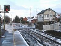 Wem signal box and level crossing looking north towards Crewe on a frosty 30 November. <br><br>[David Pesterfield 30/11/2010]