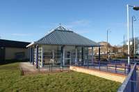 The ticket office and waiting room at the relocated and much reduced <br>
Morecambe station on 11 February 2010. The island platform terminus is off to the right.<br>
<br>
<br><br>[John McIntyre 11/02/2010]