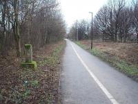 Site of a short lived station. Scale Hall opened in 1957 to serve a suburb of Lancaster but closed with the line in 1966. There were substantial concrete platforms and a footbridge but now just a mound of earth where the Lancaster platform was and a single surviving overhead catenary mast base. View towards Morecambe along the trackbed cycle path in December 2010. <br><br>[Mark Bartlett 12/12/2010]