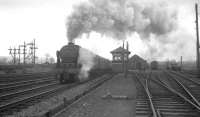 Royal Scot 46118 <I>Royal Welch Fusilier</I> alongside Beattock North box picking up a banking locomotive on 29 March 1964. The train is the 9.30am Manchester - Glasgow Central. [See image 38881]<br><br>[K A Gray 29/03/1964]