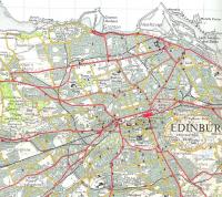 Extract from the OS One Inch map covering the Edinburgh area in 1957. Packed with vanished lines and stations. The white circles indicate stations which had closed. It was presumably easier to remove the red from a blob when a station closed than remove all traces of it. However some of these stations had closed before the plates for this series were drawn. Did they think they might reopen? Crown Copyright 1957.<br>
<br><br>[David Panton //1957]