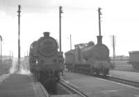 Standard class 4 no 76104 stands alongside J36 no 65282 in the shed yard at Bathgate in April 1965.<br><br>[K A Gray 16/04/1965]