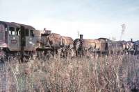 One of the scraplines at Woodhams yard, Barry, in 1974. The two sorry looking Manor class locomotives nearest the camera were subsequently rescued and preserved. 7802 <I>Bradley Manor</I>, is now operating on the Severn Valey Railway, while 7821 <I>Ditcheat Manor</I>, is currently on static display at Swindon.  <br><br>[Ian Dinmore //1974]