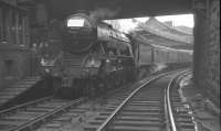 <i>Nice engine - shame about the headboard!</i> A3 60052 <I>Prince Palatine</I> takes on water alongside the east end signal box at Dundee Tay Bridge station on 4 September 1965. The Pacific was hauling the LNER Society's <i>'LNER Pacific Tour'</i>, which was en route to Aberdeen. <br><br>[K A Gray 04/09/1965]