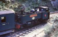 Corporate rail blue never suited the stock or engines of the Vale of Rheidol - but at least they left the smokeboxes black. [See image 31978 for a proper livery.] No. 7 <I>Owain Glyndwr</I> waits to leave the Devils Bridge terminus and drop back down the valley to Aberystwyth in 1968.<br><br>[David Hindle //1968]