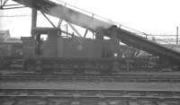 Holden J69 0-6-0T no 68566 stands alongside the conveyor carrying coal up to charge the storage bunkers of the gargantuan coaling plant that served Stratford shed at that time [see image 32083]. The photograph is thought to have been taken in the late 1950s. [Locomotive no 68633 of this class (restored as GER no 87) is preserved at the NRM in York]<br><br>[K A Gray //]