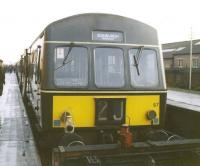 The 13.36 (SO) DMU for Edinburgh Waverley stands at the buffer stops at Corstorphine on a wet Saturday 30 December 1967. This was the final scheduled passenger service from the station, which had opened with the branch in 1902. On opening, the original 1842 Corstorphine station, located on the E&G main line approximately half a mile to the south, was renamed Saughton [see image 25903].<br><br>[Jim Peebles 30/12/1967]