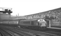 Peak no 17 stands at Carlisle platform 4 on 17 December 1968. The locomotive has just brought in the 9.35am Glasgow Central - St Pancras <I>Thames - Clyde Express</I> and is awaiting the connection of through coaches to London off the 9.30am ex-Waverley.<br><br>[K A Gray 17/12/1968]