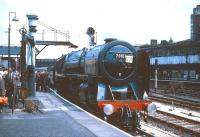 70013 <I>Oliver Cromwell</I> stands at Manchester Victoria with the BR <I>Midland Line Centenary Special Railtour</I> on 9 June 1968. The Britannia had taken over the train (which had originated from St Pancras behind 'Peak' D138) at Derby and had brought it over the Midland route via Peak Forest. From here the special ran to Nottingham Midland via the Hope Valley line and Chesterfield [see image 21056] where D138 took over for the return leg to St Pancras.<br>
<br>
<br><br>[Robin Barbour collection (Courtesy Bruce McCartney) 09/06/1968]