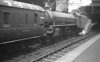 61333 with a train at Glasgow's High Street Station in July 1961. The B1 was one of a number of steam locomotives pressed back into suburban service, along with miscellaneous coaching stock, following the withdrawal of Glasgow's 'Blue Train' electric units between December 1960 and October 1961 for emergency safety modifications. Built a short distance from here by the North British Locomotive Company in 1948, no 61333 was a Parkhead engine at that time.  The B1 was eventually withdrawn from 65C at the end of 1962 and cut up at Cowlairs the following July, shortly following its 15th birthday.    <br>
<br><br>[K A Gray 03/07/1961]