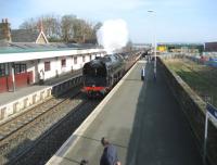 71000 <I>Duke of Gloucester</I> passes Millom station on the Cumbrian Coast line with a charter special to Carlisle on 9 February 2008.<br>
<br><br>[John McIntyre 09/02/2008]