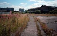 Craighall Goods was the western limit of the short Port Dundas/Pinkston Branch from the Edinburgh and Glasgow Railway near Cowlairs. From here, by reversal, Pinkston Powerstation and the Port Dundas Distillery could be reached. This 1987 view looks east from the former depot towards the Cowlairs Incline. The site has subsequently been re-developed.<br><br>[Ewan Crawford //1987]