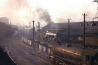 Looking through the haze over the south side of St Margaret's shed in the 1960s. A1 Pacific no 60147 <I>North Eastern</I> stands in the centre of the photograph.<br><br>[Frank Spaven Collection (Courtesy David Spaven) //]