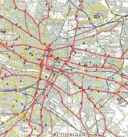 Part of the 1957 OS One Inch map covering Glasgow. This is an <br>
extract showing the city centre when there was a quartet of termini. <br>
For some reason Central is made to look much narrower than it is. <br>
Glasgow does pretty well for stations even now but of course there were even more in 1957. The only closed one identified as such is Gorbals, though in that vicinity alone Cumberland Street, Eglinton Street, Shields Road and Strathbungo all went with Beeching.Shields Road and Rutherglen were both extensive enough to need two blobs, which is perhaps misleading. Crown copyright 1957.<br>
<br><br>[David Panton //1957]