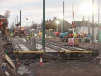 The Blackpool and Fleetwood tramway has been closed over winter 2010/11 while the major refurbishment continues. This is the level crossing at Broadwater, also closed to road traffic at present. [See image 24060] for the same scene prior to this work commencing. <br><br>[Mark Bartlett 27/01/2010]