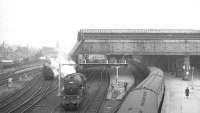 Scene at the south end of Perth station in steam days. The locomotive is V2 2-6-2 no 60836, which was eventually withdrawn from 62B, Dundee Tay Bridge shed at the end of 1966. [See image 38284]<br><br>[K A Gray //]