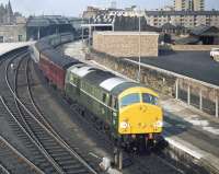 The 15.40 Dundee - Glasgow Queen Street train with class 29 No. 6123 in charge makes its scheduled stop at Perth station on 9th April 1970. The all-over yellow ends did nothing for the looks of this particular class. [See image 32645] This was the first of the class to be re-engine and be converted from a class 21 to 29 but unlike the other re-engined locomotives did not receive a headcode display.<br><br>[Bill Jamieson 09/04/1970]