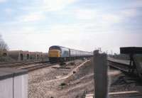A <i>Peak</i> with a westbound service between Taunton and Norton Fitzwarren at Easter time in 1981. The train is about to pass over Silk Mill level crossing [see image 32609].<br><br>[John McIntyre //1981]