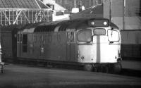 Closeup of class 27 no 27036 at the head of a parcels train <br>
waiting at Oban station in 1977.<br>
<br><br>[John McIntyre //1977]
