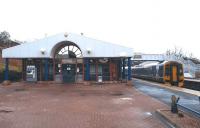 The wide concourse at Inverkeithing station on 8 February 2011 with a Fife inner circle train at the platform.<br><br>[Brian Forbes 08/02/2011]