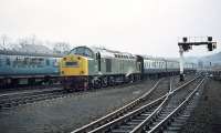 Class 40 no 361 about to enter the Dundee line platforms at Perth on 9 April 1970 at the head of the 13.10 Glasgow Queen Street - Aberdeen train.<br><br>[Bill Jamieson 09/04/1970]